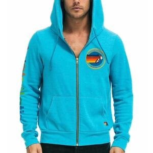 Aviator Nation Turquoise Zip-Up Hoodie with Rainbow Chest Patch